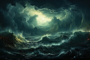 Fototapeta na wymiar Bright lightning in a raging sea. A strong storm in the ocean. Big waves. Night thunderstorm. Dark tones.
