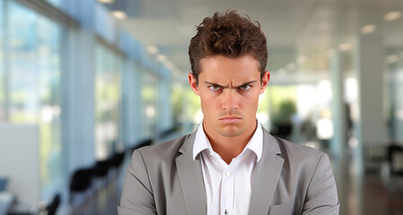 Obraz premium Portrait of a young businessman looking at camera with serious expression in office