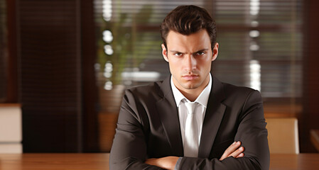 Portrait of a serious young businessman with arms crossed looking at camera