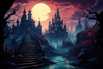Foto op Canvas Halloween's old castle at night. Watercolor painting. Bright illustration for cards, banners, invitations, etc. © Jahid CF 5327702