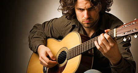 Obraz premium Young man playing guitar on a gray background. Musician playing acoustic guitar.