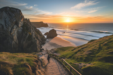 A person descends a coastal trail toward a secluded beach, with the sunset casting a golden light over the serene seascape.