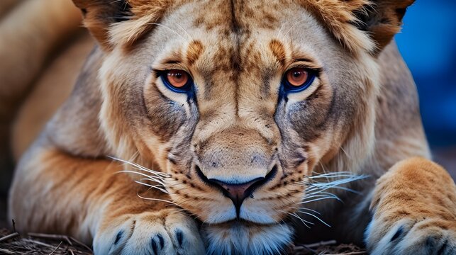 Lioness with Striking Blue Eyes: Intensity Captured in a Gaze - Mesmerizing Wildlife Photography