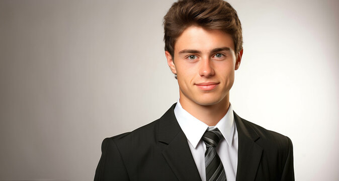 Portrait of a handsome young man in black suit and tie.
