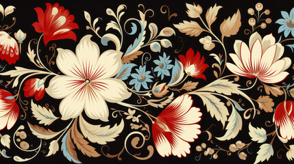 Traditional Russian floral pattern on black background. Vibrant Spirit of Russia with Authentic flowers pattern