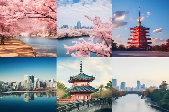 Photo collage montage of Japanese holiday landscapes, Tokyo, Kyoto, Osaka and Yokohama