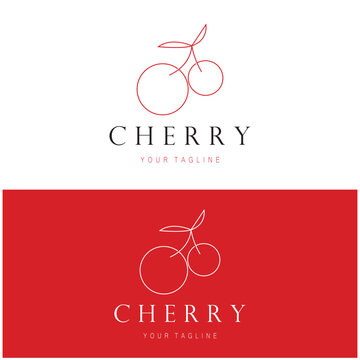 Fresh cherry fruit logo with minimalist leaf line art style. for fruit shop, cherry farm, cake, business,