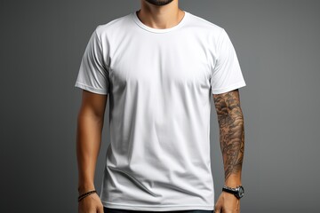 Clean and professional mockup illustration of a male wearing a white t-shirt