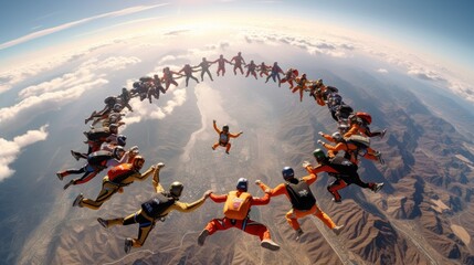 Skydiver beautiful teamwork formation. - obrazy, fototapety, plakaty