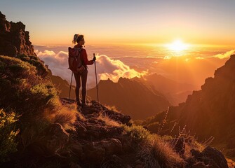 Island Sunset Trek: A Stunning Silhouette of a Woman in Shorts Trekking Through Madeira's Mountains at Sunset, Embracing the Beauty of Pico and the Atlantic Scenery.

