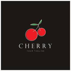 Fresh cherry fruit logo with minimalist leaf line art style. for fruit shop, cherry farm, cake, business,