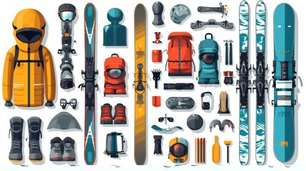 Ski equipment set. Active winter holiday kit in mountains. Sport gears: snowboard, backpack, helmet, boots, gloves, beeper, SPF, thermos, map. Flat isolated vector illustration on white background. - obrazy, fototapety, plakaty