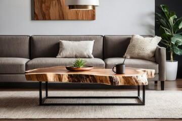 Close up of live edge wood coffee table near sofa. Minimalist home interior design of modern living room.