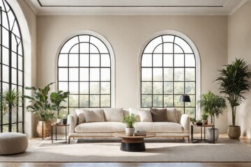 Fototapeta na wymiar Minimalist home interior design of modern living room. White sofa and potted houseplants against arched window near beige wall with copy space.