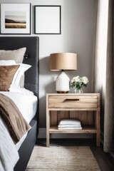 Fototapeta na wymiar Rustic bedside cabinet near bed with beige pillows. Farmhouse interior design of modern bedroom.