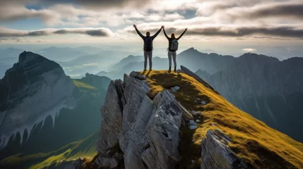 Foto op Plexiglas Schaeffler Mountain Ridge Swiss Alpstein Appenzell Switzerland, a ridge of the majestic Schaeffler peak by Berggasthaus Schafler, Switzerland. a couple of man and women with hands up. © haizah