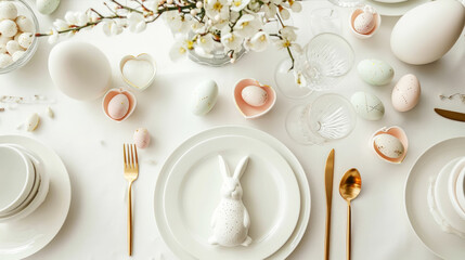 Aesthetically decorated table with easter bunnies, eggs, gold cutlery. Festive Easter concept. Top view. Generative AI - obrazy, fototapety, plakaty