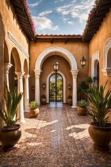 Fototapeta na wymiar Spanish hacienda-style estate courtyard with stucco archways, wrought iron lighting, potted plants, a tile fountain, and wooden doorways.