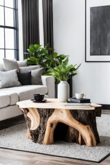 Tree stump accent coffee table near white sofa with black pillows against window. Minimalist home interior design of modern living room.