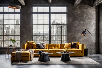 Tufted mustard color sofa near floor to ceiling window against dark concrete wall. Loft home interior design of modern living room.