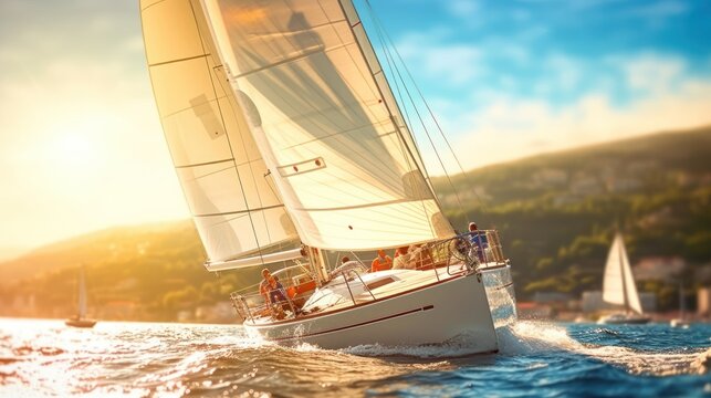 Sailing Boat In Light Wind During Regatta Competition.