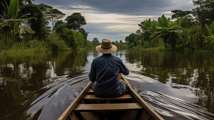 Canoeing the Amazon: A Man Explores the Untamed Beauty of the Rainforest, Paddling a Traditional Canoe Along a Jungle River, Embracing the Adventure in South America's Heart.




