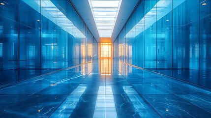Blurred glass wall of a modern office building in a business center. Ideal for business concepts, with abstract blue-tinted windows.
