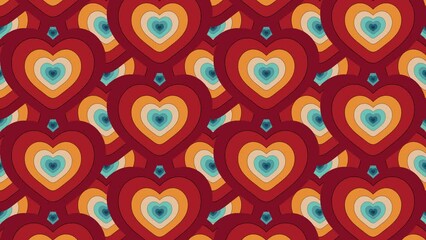 Vintage Striped animation of looped  psychedelic concentric colored hearts with cartoon style. Backgrounds, Posters, Banner Samples, Retro Colors from the 1970s 1980s, 70s, 80s, 90s. retro vintage 70s