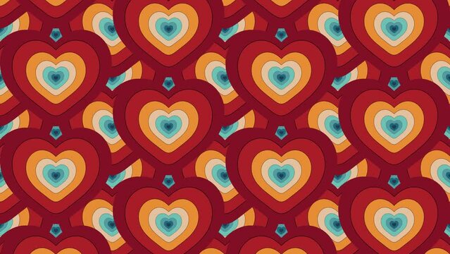Vintage Striped animation of looped  psychedelic concentric colored hearts with cartoon style. Backgrounds, Posters, Banner Samples, Retro Colors from the 1970s 1980s, 70s, 80s, 90s. retro vintage 70s