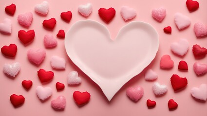 A pretty pastel pink table with a lovely paper heart arrangement. The fine details of this lovely composition are captured in the top perspective, making it ideal for a Valentine's Day greeting card.