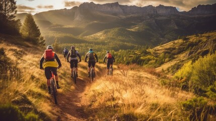 Photograph capturing a group of friends riding mountain bikes through the mountains together, showcasing the camaraderie and adventure of shared outdoor experiences. - obrazy, fototapety, plakaty