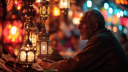 Moroccan Night Market Ambiance: Capture the Essence of Morocco as a Man Illuminates the Sari Market with Lanterns, Creating an Authentic Nighttime Experience.

