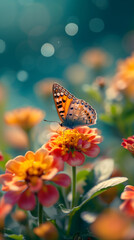 Orange butterfly perched delicately on vibrant summer flowers