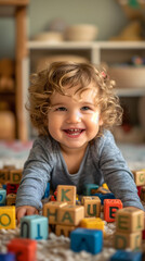 Curly-haired toddler smiling among colorful alphabet blocks