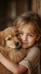Little girl with blue eyes hugging her fluffy puppy