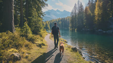 Person walking a dog in a picturesque mountain trail - obrazy, fototapety, plakaty