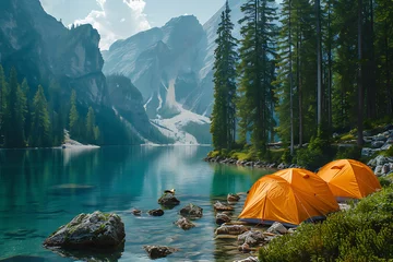 Poster camping , resting in tents near a lake , nature background © River Girl