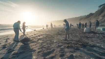 People working together to clean up the beach. Can be used to promote environmental awareness and community involvement.