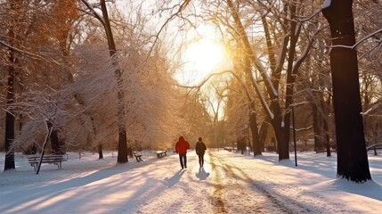 Fototapeta na wymiar people jogging in a winter park. jogging on a beautiful sunny winter day.