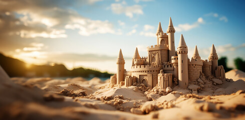 Grand intricate sandcastle on the beach during a summer day with a bluured city backdrop. Generative AI