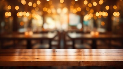 Wooden table blurred background of restaurant - obrazy, fototapety, plakaty