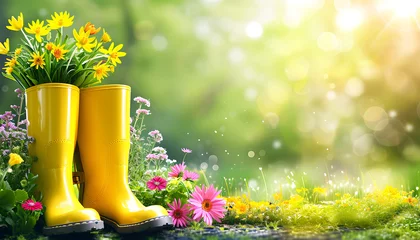 Poster Gardening background with flowerpots, yellow boots in sunny spring or summer garden © Oleksiy