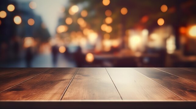 Wooden table blurred background of restaurant