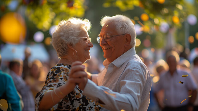 Senior couple shares a dance filled with smiles and affection under the warm glow of festival's evening lights.