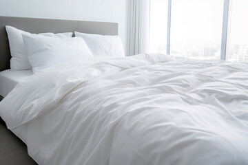Close up of folded duvet on white bed in the background of modern bedroom. Building concepts and healing and relaxation. - obrazy, fototapety, plakaty