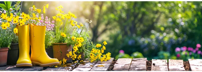 Fotobehang Gardening background with flowerpots, yellow boots in sunny spring or summer garden © Oleksiy