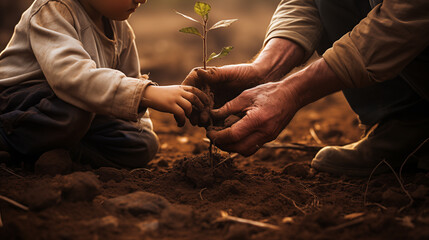 Hands of an elderly man and a child planting a green plant in the ground together - obrazy, fototapety, plakaty