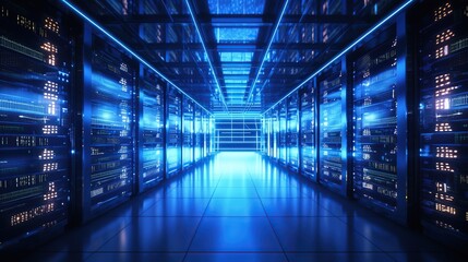 Fototapeta premium Network server with glowing blue light at data center room. Cloud computing, hardware system connection and database center business web. Generative AI