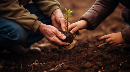 Hands of an elderly man and a child planting a green plant in the ground together - Powered by Adobe