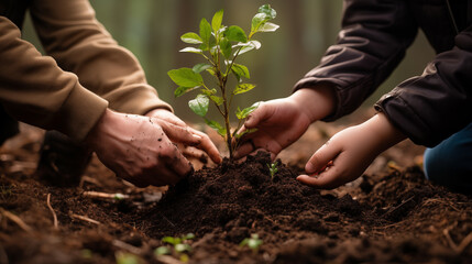 Hands of an elderly man and a child planting a green plant in the ground together